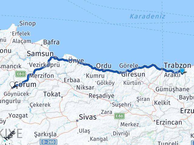 Trabzon Hayrat Çorum Arası Kaç Km - Yol Haritası