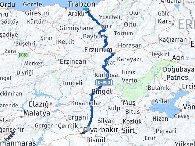 Trabzon Hayrat Diyarbakır Arası Kaç Km - Yol Haritası