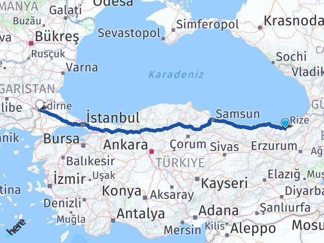 Trabzon Hayrat Edirne Arası Kaç Km - Yol Haritası