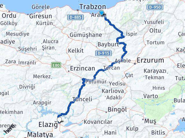 Trabzon Hayrat Elazığ Arası Kaç Km - Yol Haritası