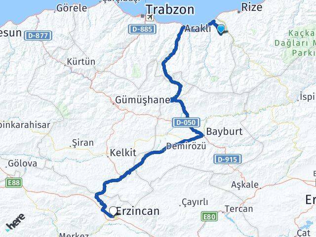 Trabzon Hayrat Erzincan Arası Kaç Km - Yol Haritası