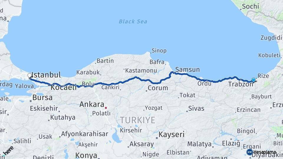 Trabzon Hayrat İstanbul Arası Kaç Km - Yol Haritası