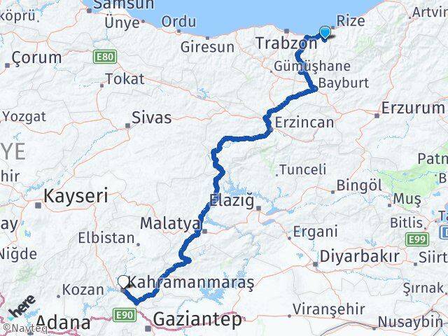 Trabzon Hayrat Kahramanmaraş Arası Kaç Km - Yol Haritası