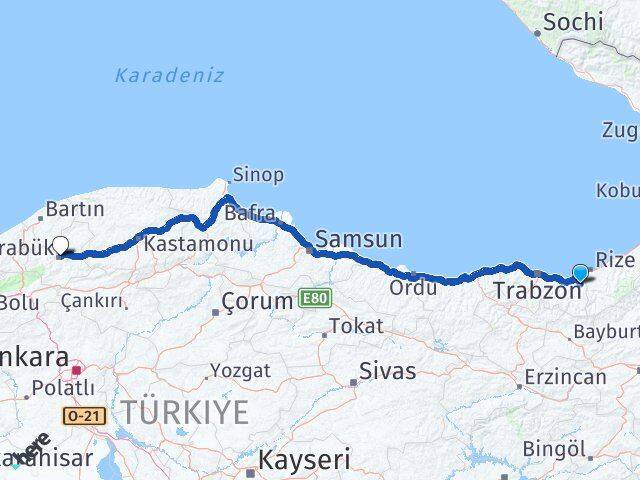 Trabzon Hayrat Karabük Arası Kaç Km - Yol Haritası