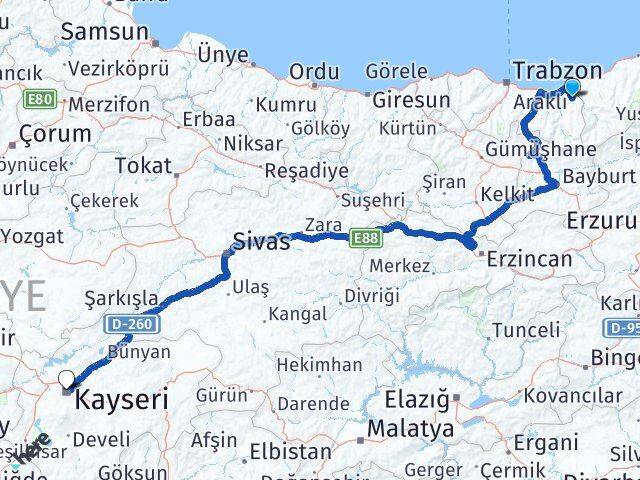 Trabzon Hayrat Kayseri Arası Kaç Km - Yol Haritası