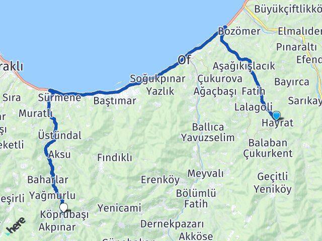 Trabzon Hayrat Köprübaşı Arası Kaç Km - Yol Haritası