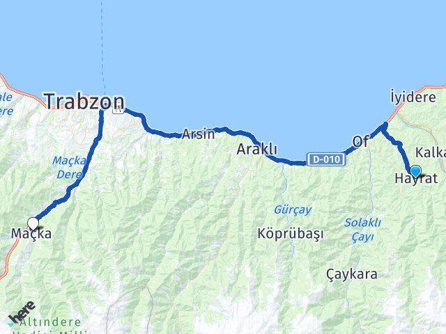 Trabzon Hayrat Maçka Arası Kaç Km - Yol Haritası