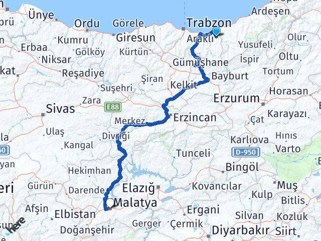 Trabzon Hayrat Malatya Arası Kaç Km - Yol Haritası