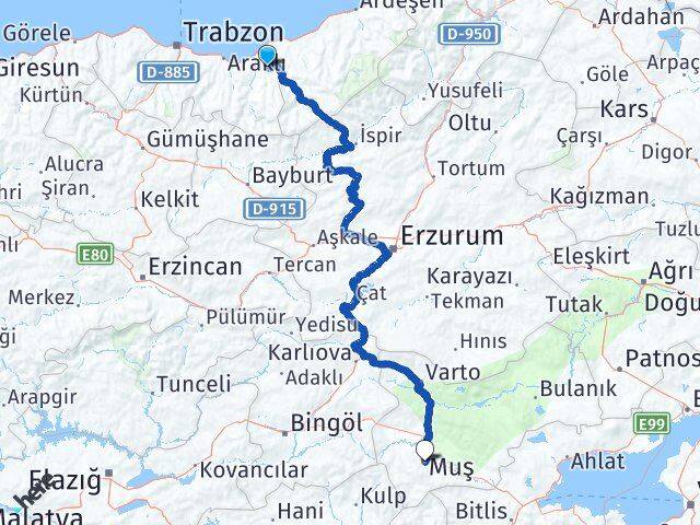 Trabzon Hayrat Muş Arası Kaç Km - Yol Haritası