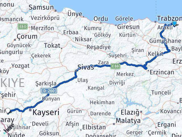 Trabzon Hayrat Nevşehir Arası Kaç Km - Yol Haritası