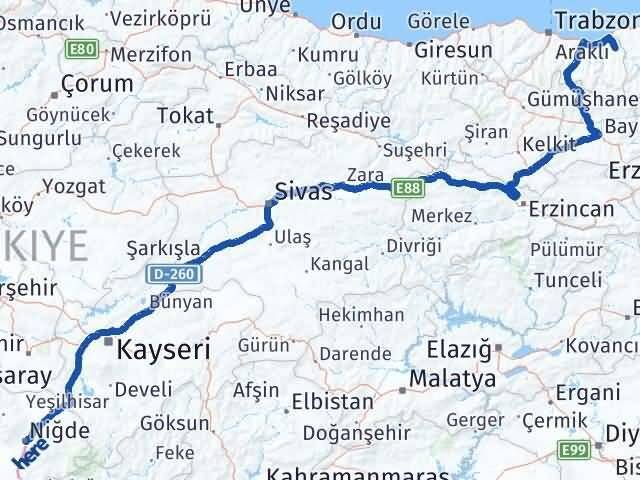 Trabzon Hayrat Niğde Arası Kaç Km - Yol Haritası