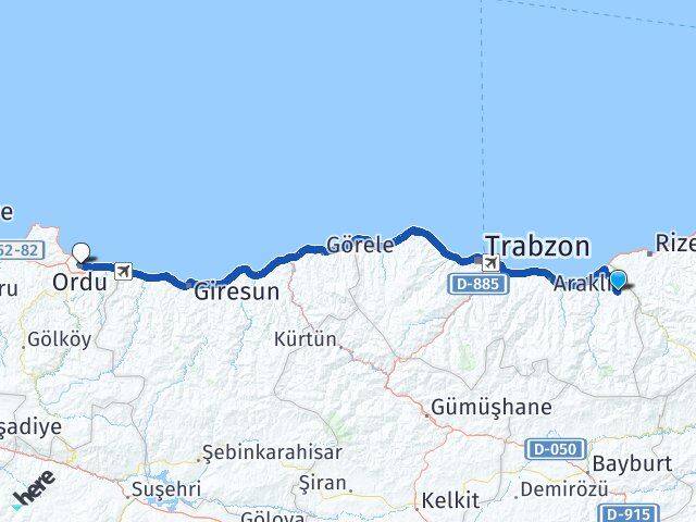 Trabzon Hayrat Ordu Arası Kaç Km - Yol Haritası