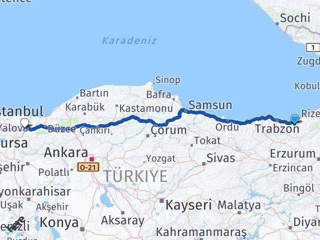 Trabzon Hayrat Sakarya Arası Kaç Km - Yol Haritası