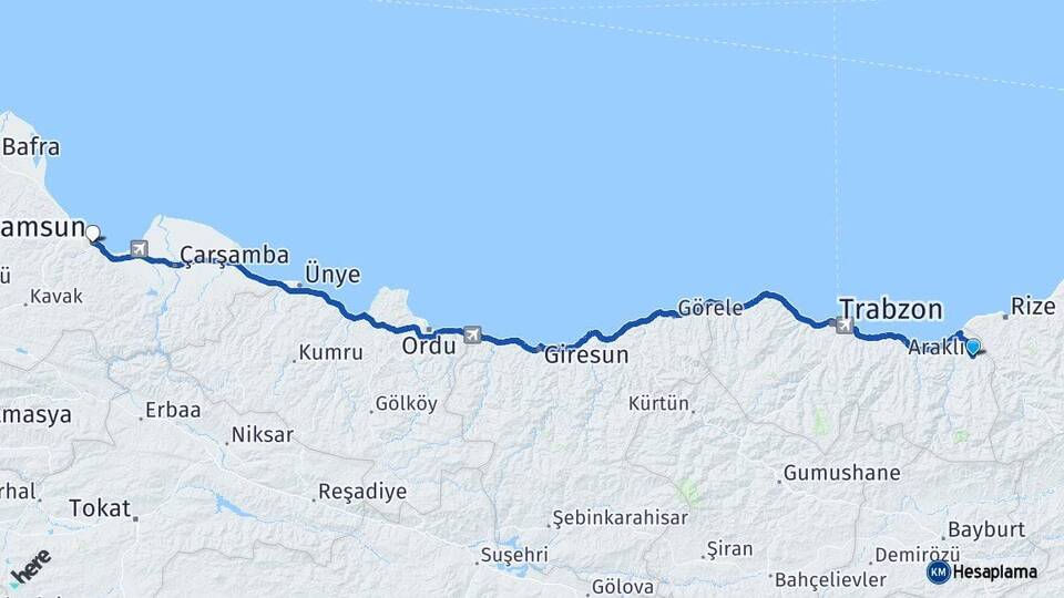 Trabzon Hayrat Samsun Arası Kaç Km - Yol Haritası