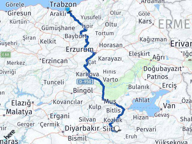Trabzon Hayrat Siirt Arası Kaç Km - Yol Haritası