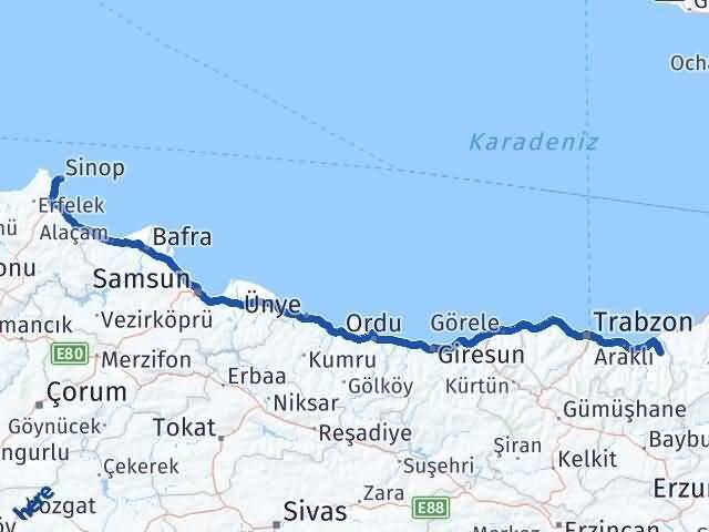 Trabzon Hayrat Sinop Arası Kaç Km - Yol Haritası