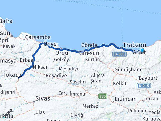 Trabzon Hayrat Tokat Arası Kaç Km - Yol Haritası