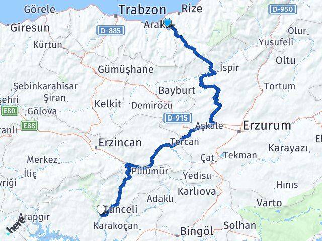 Trabzon Hayrat Tunceli Arası Kaç Km - Yol Haritası