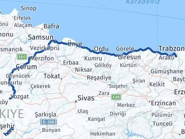 Trabzon Hayrat Yozgat Arası Kaç Km - Yol Haritası