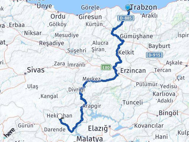 Trabzon Hekimhan Malatya Arası Kaç Km - Yol Haritası