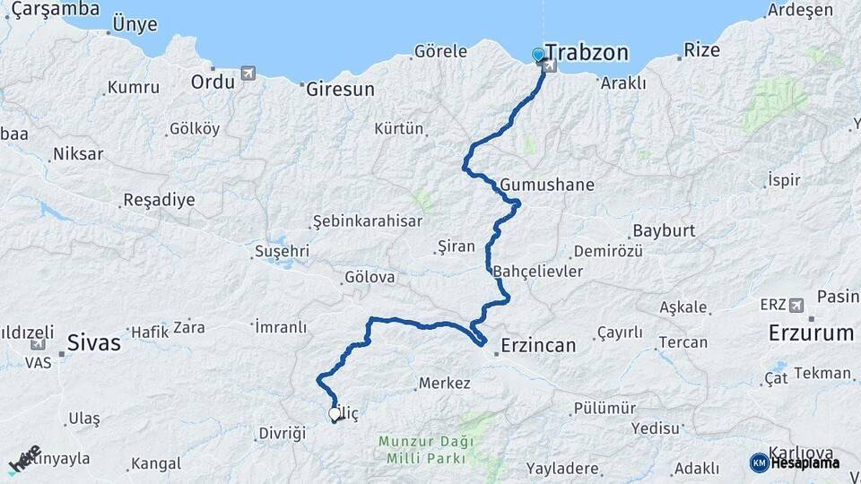 Trabzon İliç Erzincan Arası Kaç Km - Yol Haritası