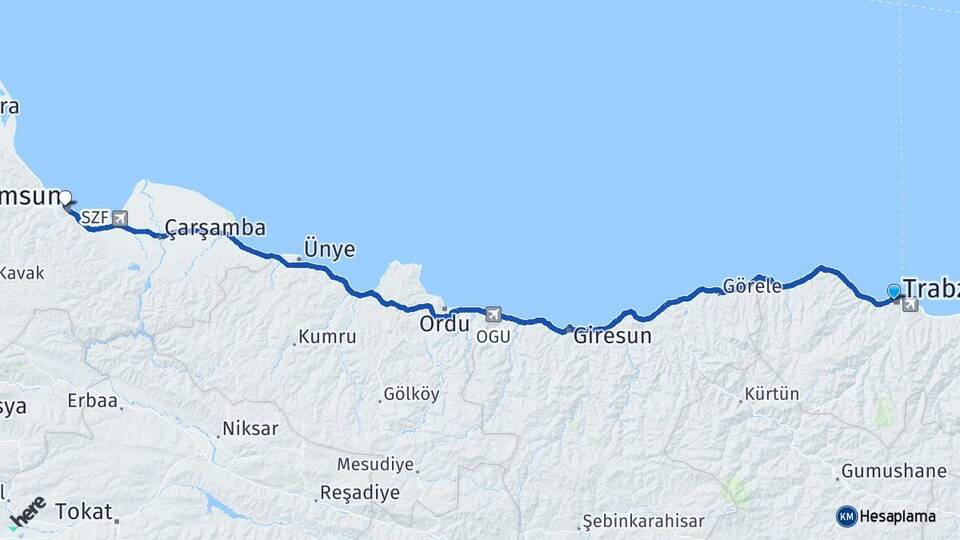 Trabzon İlkadım Samsun Arası Kaç Km - Yol Haritası
