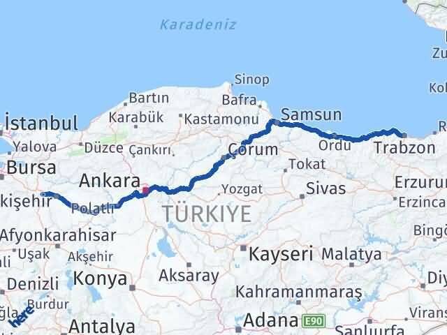 Trabzon İnönü Eskişehir Arası Kaç Km - Yol Haritası