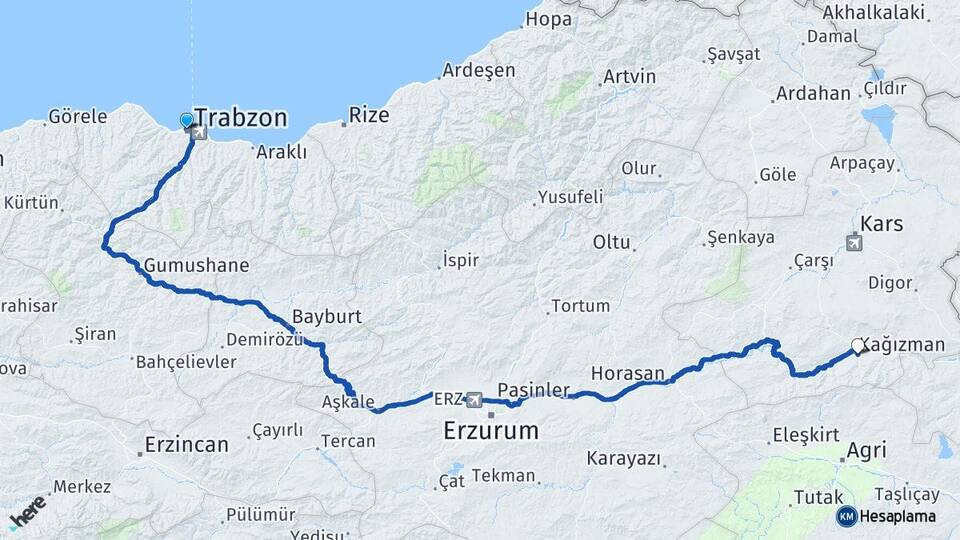 Trabzon Kağızman Kars Arası Kaç Km - Yol Haritası