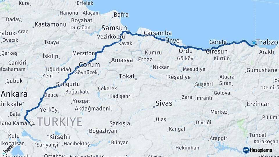 Trabzon Kaman Kırşehir Arası Kaç Km - Yol Haritası