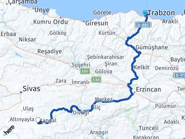 Trabzon Kangal Sivas Arası Kaç Km - Yol Haritası