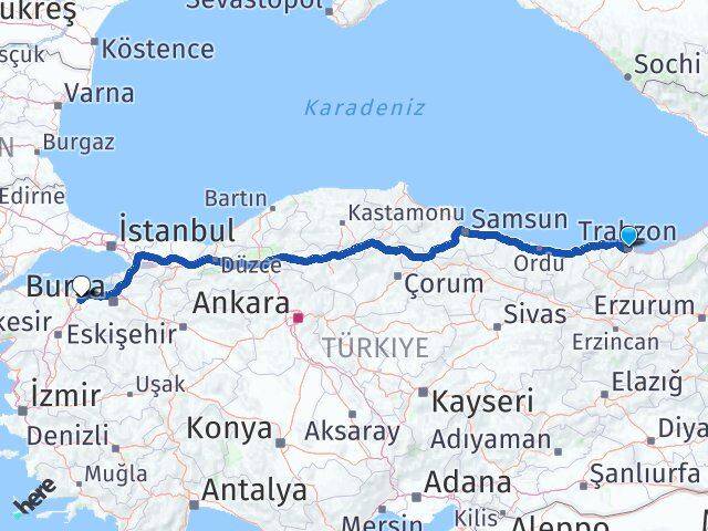 Trabzon Karacabey Bursa Arası Kaç Km - Yol Haritası