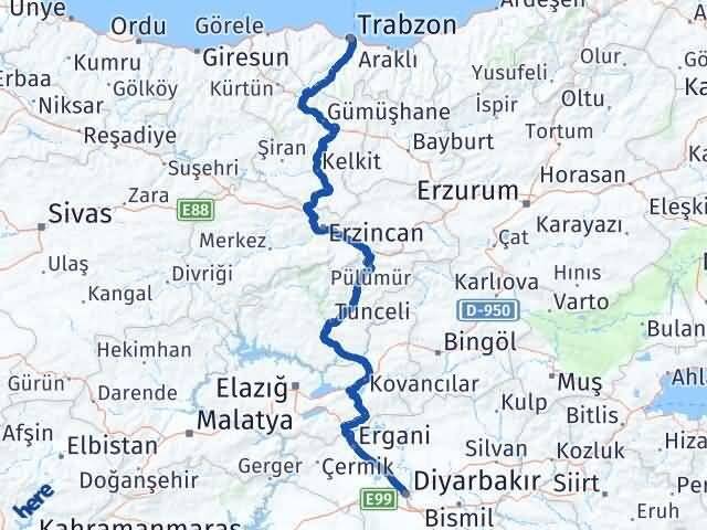 Trabzon Kayapınar Diyarbakır Arası Kaç Km - Yol Haritası