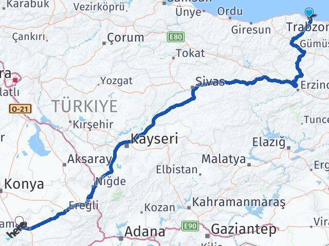 Trabzon Kazımkarabekir Karaman Arası Kaç Km - Yol Haritası