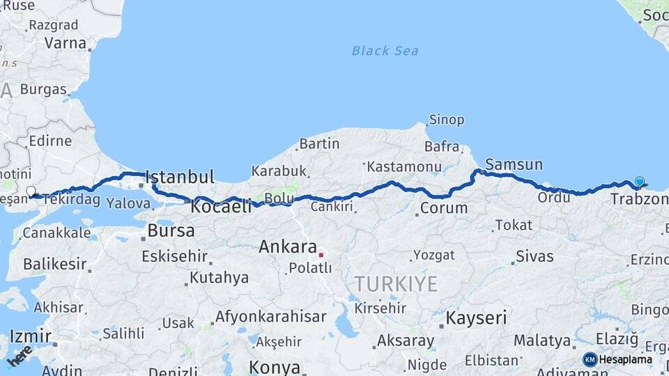 Trabzon Keşan Edirne Arası Kaç Km - Yol Haritası