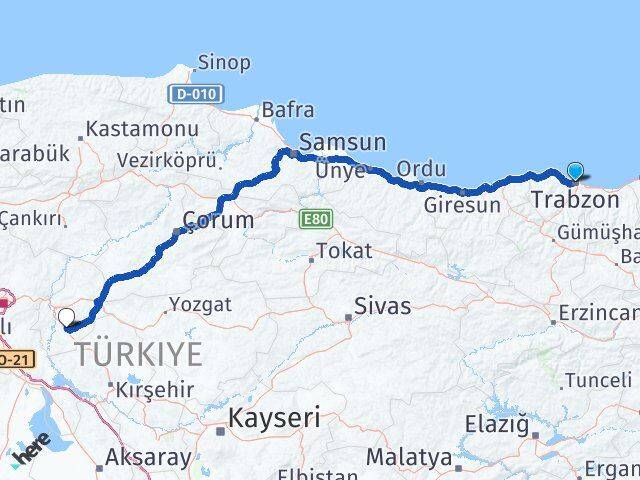 Trabzon Keskin Kırıkkale Arası Kaç Km - Yol Haritası