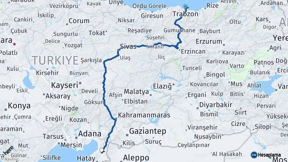 Trabzon Kırıkhan Hatay Arası Kaç Km - Yol Haritası