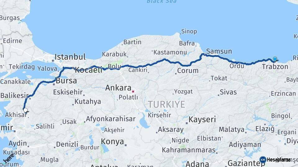 Trabzon Kırkağaç Manisa Arası Kaç Km - Yol Haritası