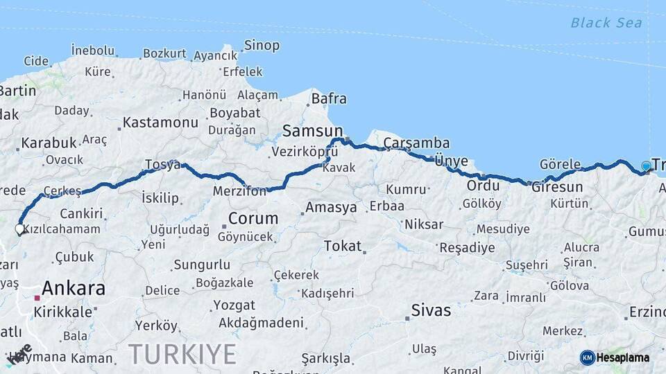 Trabzon Kızılcahamam Ankara Arası Kaç Km - Yol Haritası