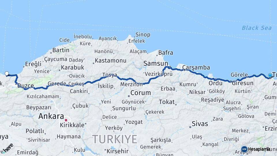 Trabzon Kocaali Sakarya Arası Kaç Km - Yol Haritası