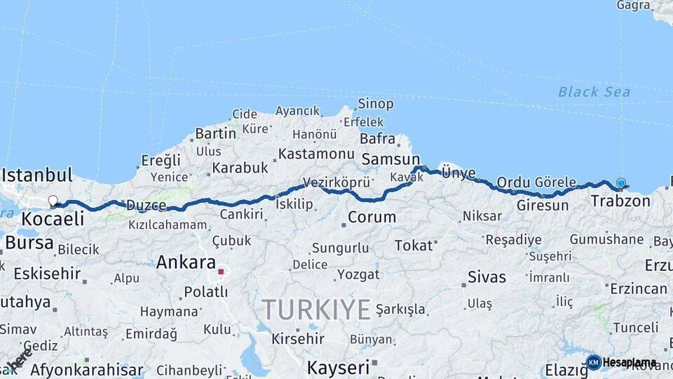 Trabzon Kocaeli Arası Kaç Km - Yol Haritası
