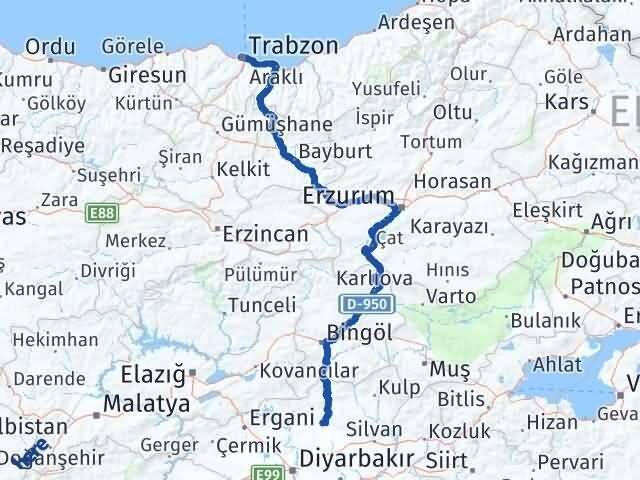 Trabzon Kocaköy Diyarbakır Arası Kaç Km - Yol Haritası