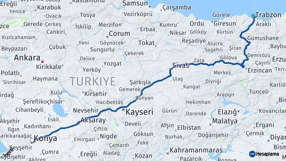 Trabzon Konya Arası Kaç Saat? Yol Haritası, Yakıt, Rota ve Mesafe Hesaplama Trabzon Konya Arası Kaç Km? Kaç Saat? Yol Haritası