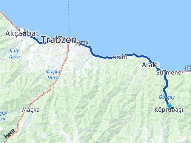 Trabzon Köprübaşı Akçaabat Arası Kaç Km - Yol Haritası