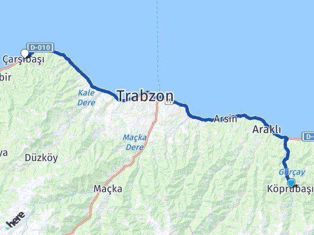 Trabzon Köprübaşı Çarşıbaşı Arası Kaç Km - Yol Haritası