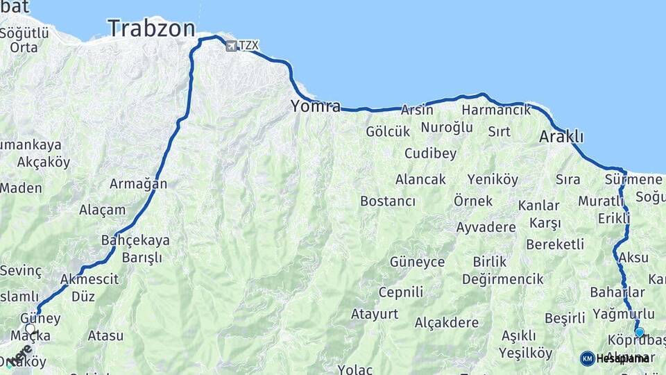 Trabzon Köprübaşı Maçka Arası Kaç Km - Yol Haritası