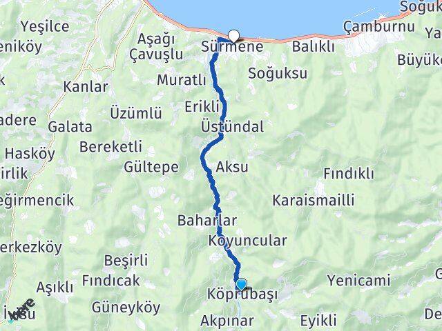 Trabzon Köprübaşı Sürmene Arası Kaç Km - Yol Haritası