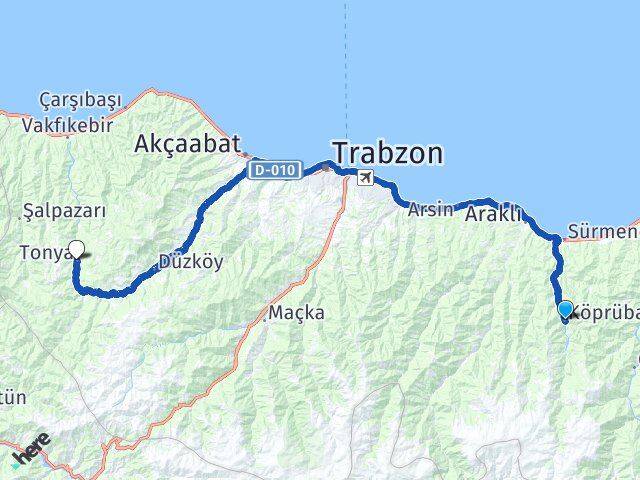 Trabzon Köprübaşı Tonya Arası Kaç Km - Yol Haritası