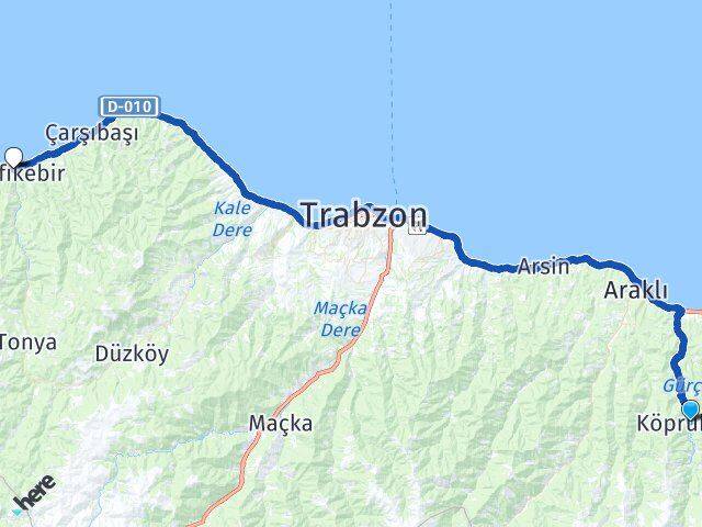 Trabzon Köprübaşı Vakfıkebir Arası Kaç Km - Yol Haritası