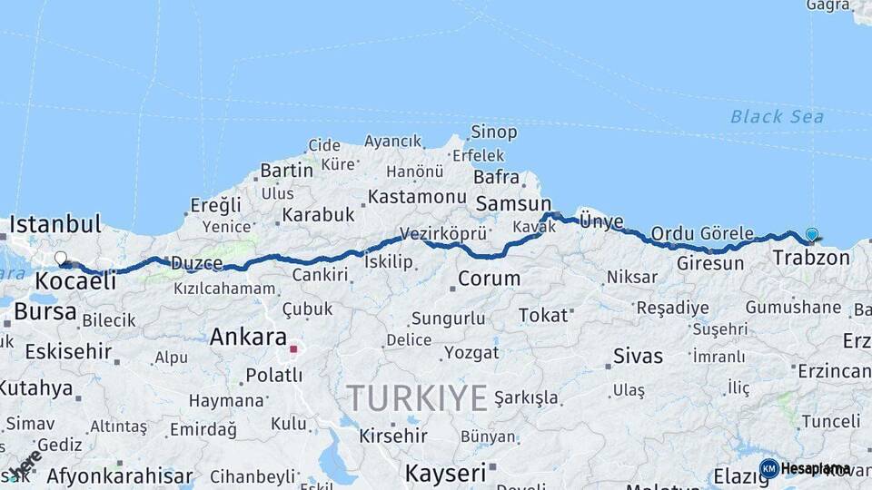 Trabzon Körfez Kocaeli Arası Kaç Km - Yol Haritası