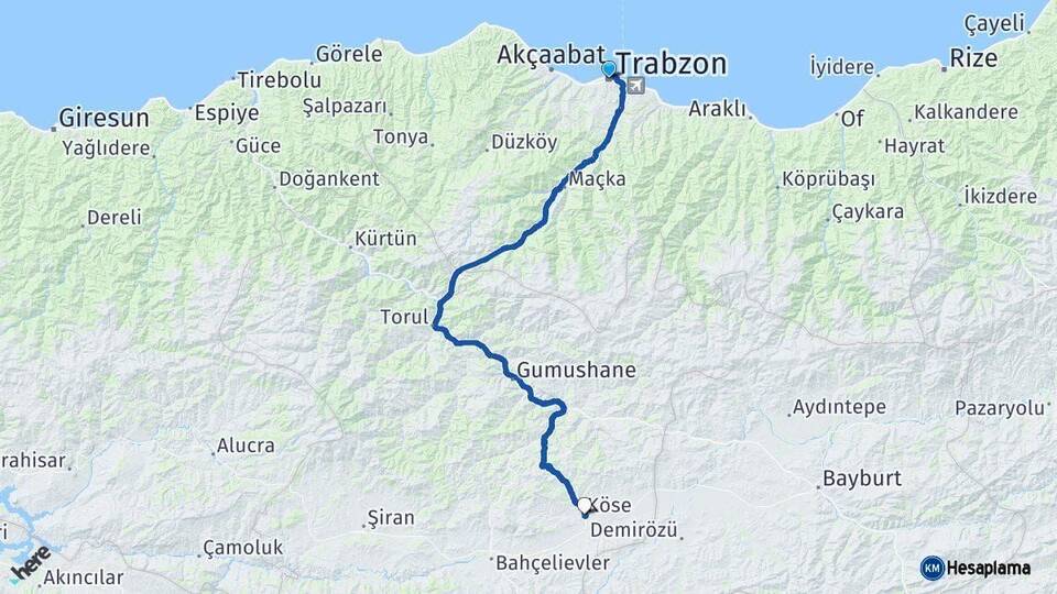 Trabzon Köse Gümüşhane Arası Kaç Km - Yol Haritası